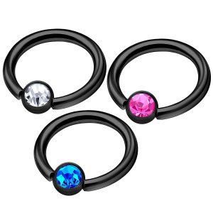 Aro 5 unidades, BCR negro con piedra acero 316, calibre 16